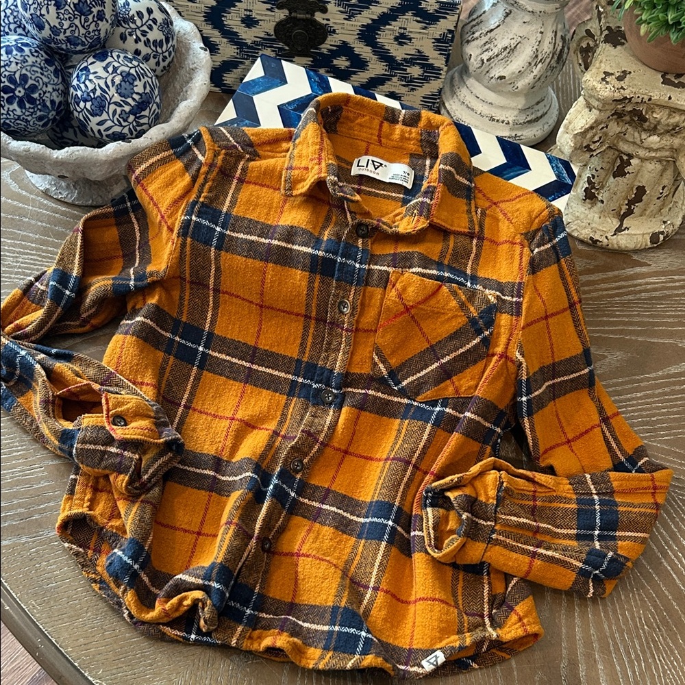 Golden Mustard Yellow & Blue Plaid Flannel Shirt